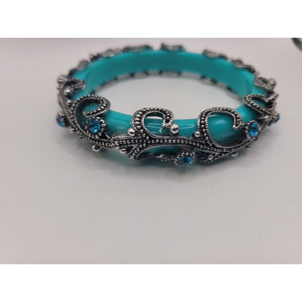 Blue Bangle Bracelet Silver Tone Paisley Scroll Blue Rhinestone Statement